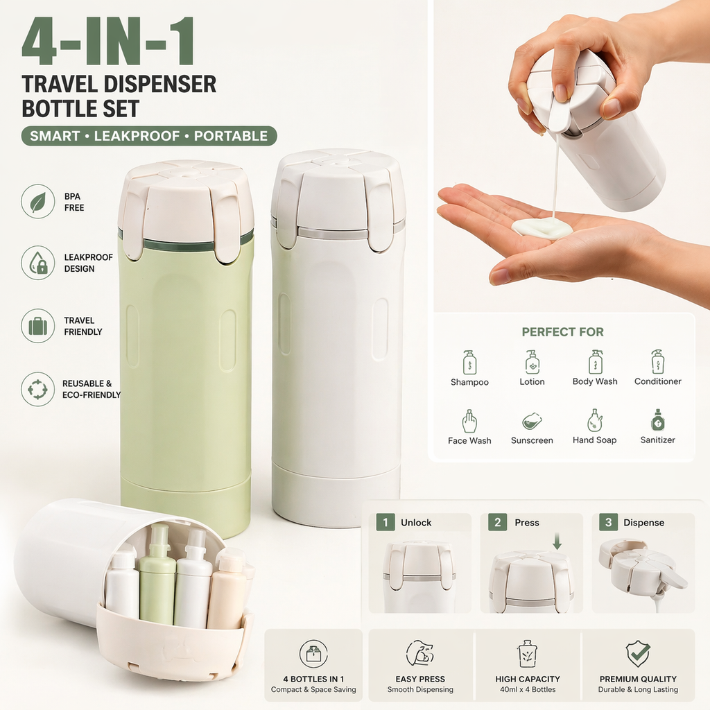 4-in-1 Travel Dispenser Bottle | Leakproof Portable Toiletry Set