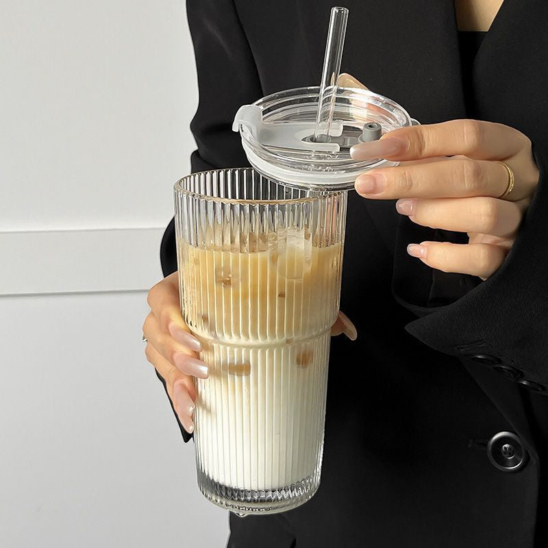 Premium Glass Coffee Cup with Lid & Straw – 550ml Reusable Tumbler