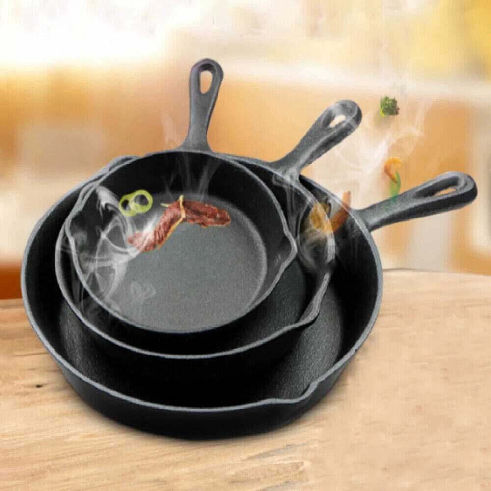 Set Of 3 Cast Iron Non Stick Skillet Griddle Cooking Pan Pre-Seasoned Frying Pan