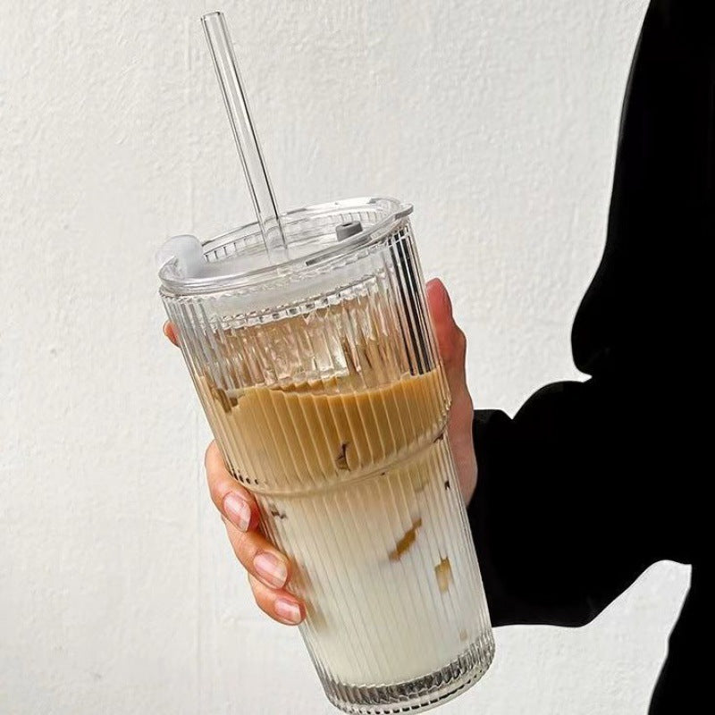 Premium Glass Coffee Cup with Lid & Straw – 550ml Reusable Tumbler