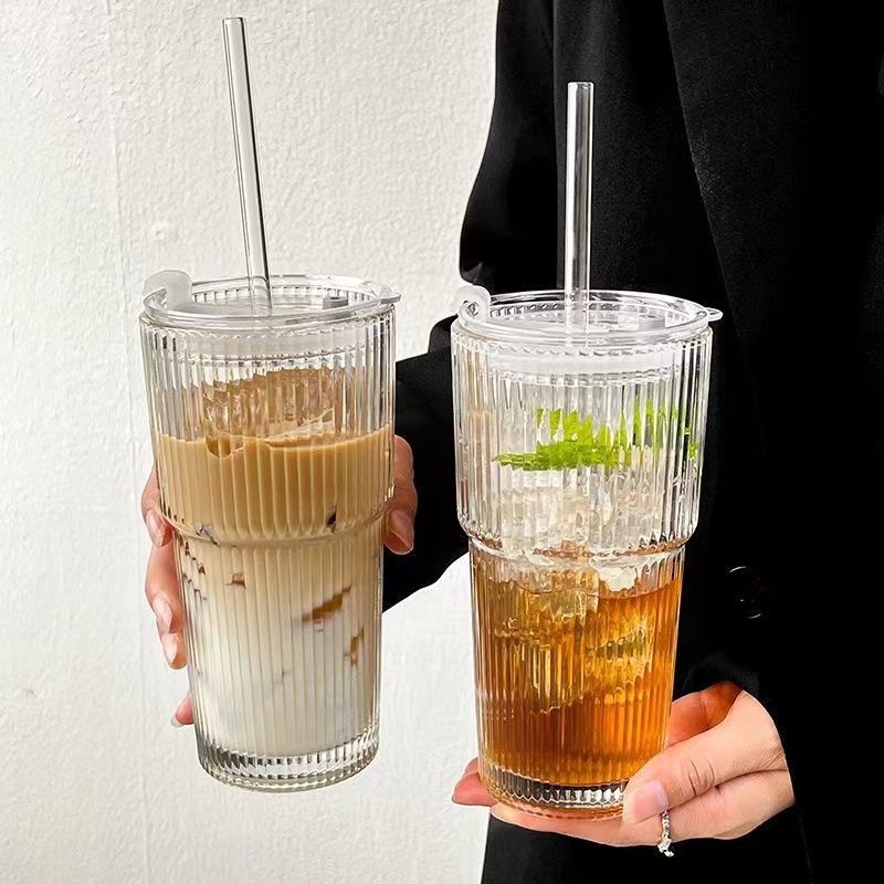 Premium Glass Coffee Cup with Lid & Straw – 550ml Reusable Tumbler