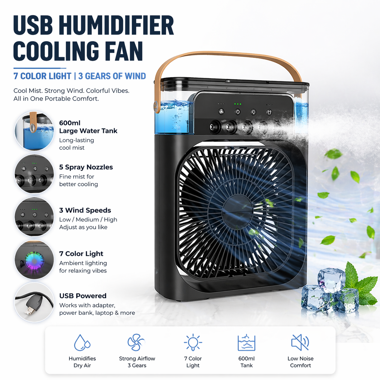 Portable Desk Air Cooler – Cooling Fan, Humidifier & Night Light
