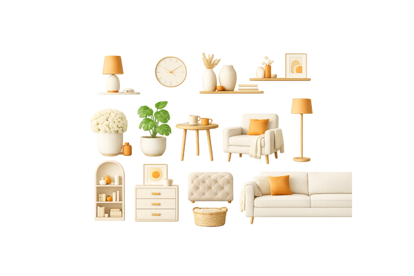 Collection of minimalistic furniture and decor items on a white background