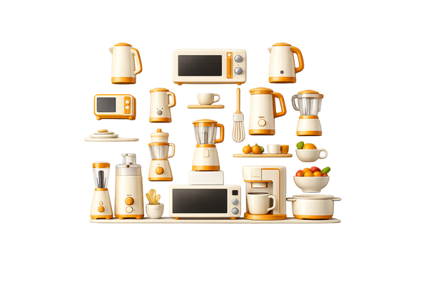 Collection of kitchen appliances and utensils on a white background