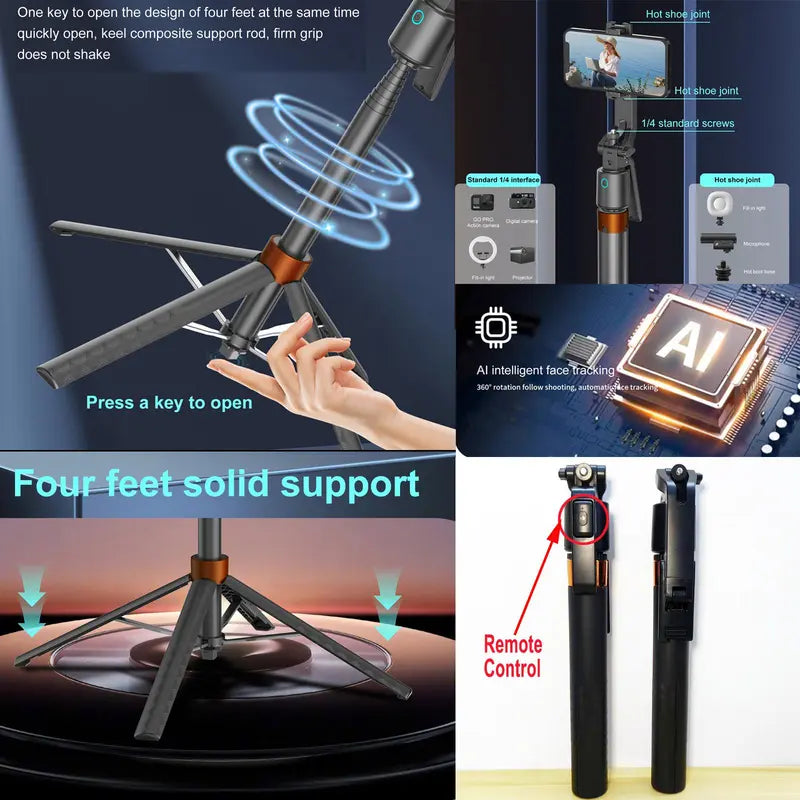 360° AI Face Tracking Gimbal Selfie Stick with Tripod